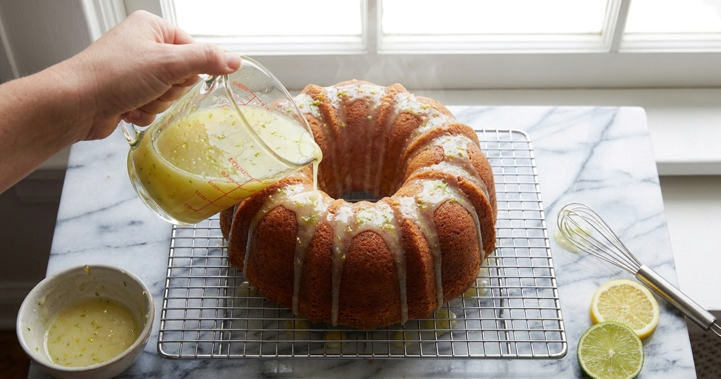 A lemon-lime glaze being drizzled over a warm Bundt-shaped 7UP pound cake on a cooling rack