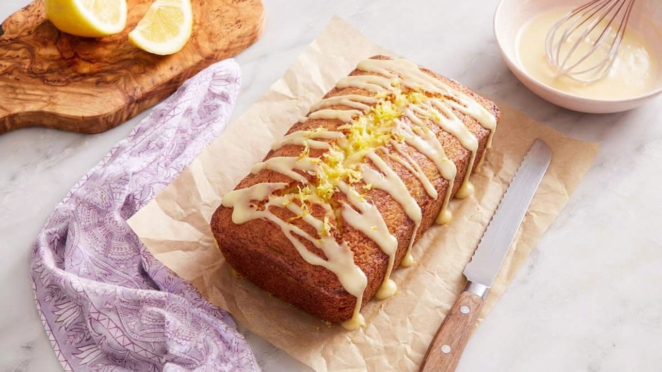 A lemon loaf cake on parchment paper with fresh lemon icing drizzled over the top, with a knife and lemon wedges on the counter nearby
