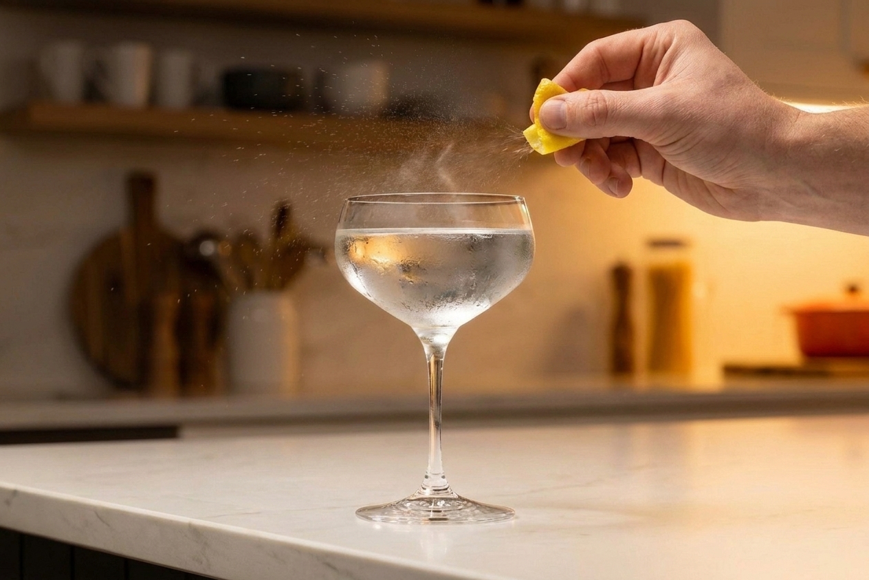 A lemon peel being twisted over a clear martini in a chilled coupe glass to release citrus oils