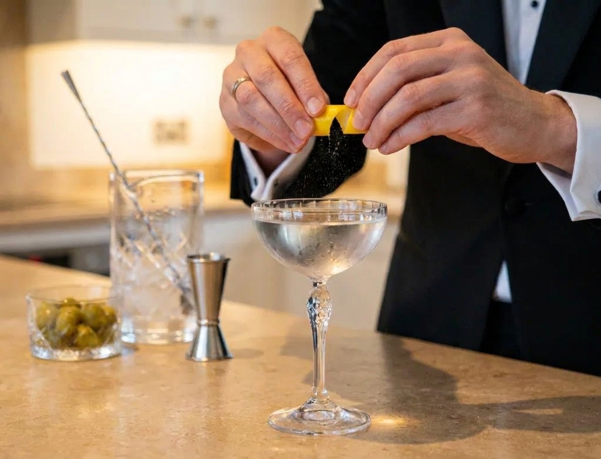 A lemon peel being twisted over a freshly strained martini in a chilled coupe glass on a stone countertop with soft kitchen lighting