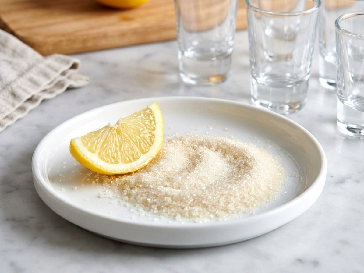 A lemon wedge and a shallow plate of granulated sugar set up for rimming shot glasses on a kitchen counter