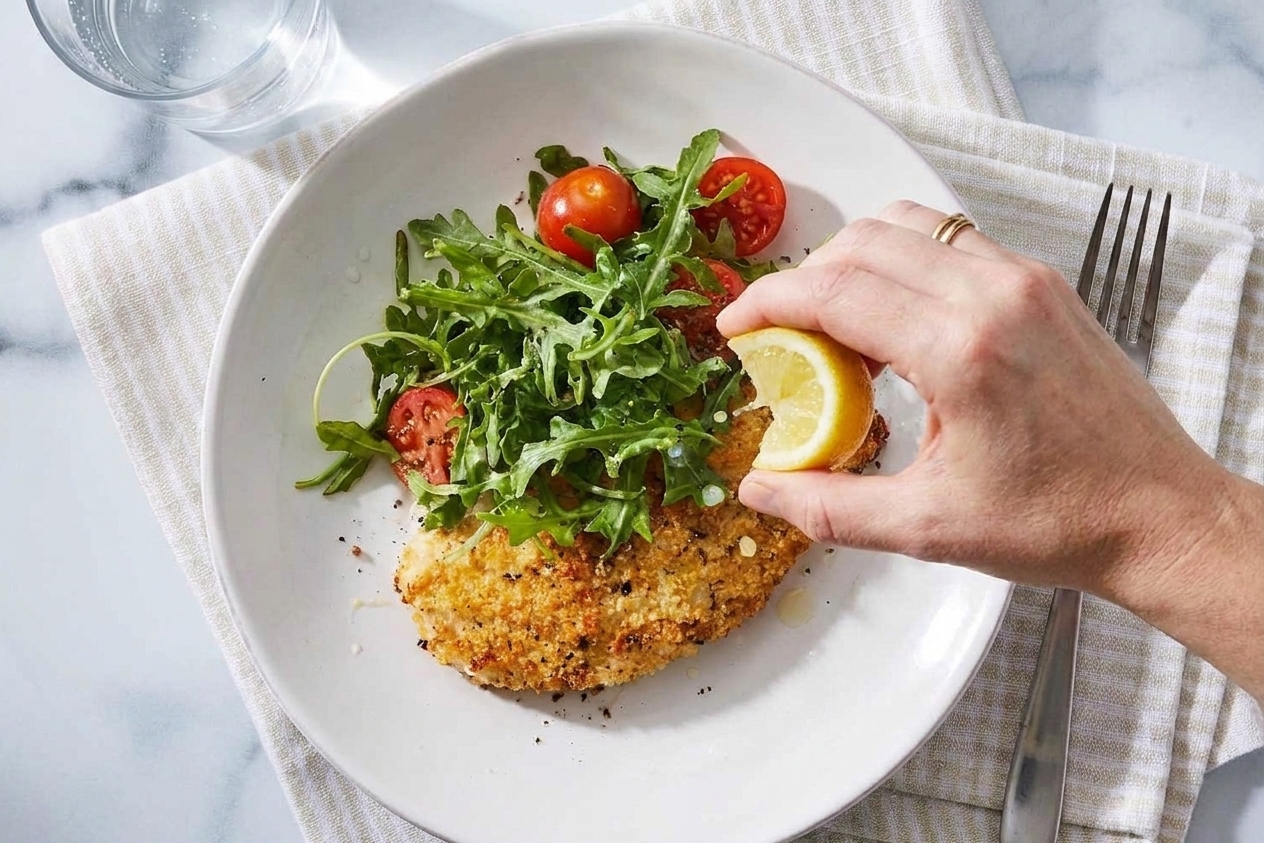 A lemon wedge being squeezed over a crispy chicken cutlet just before serving