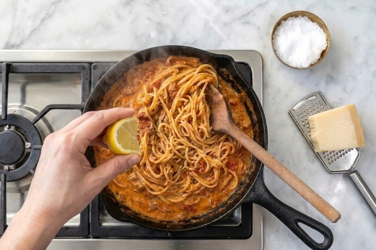 A lemon wedge being squeezed over a skillet of creamy tomato pasta on a stovetop