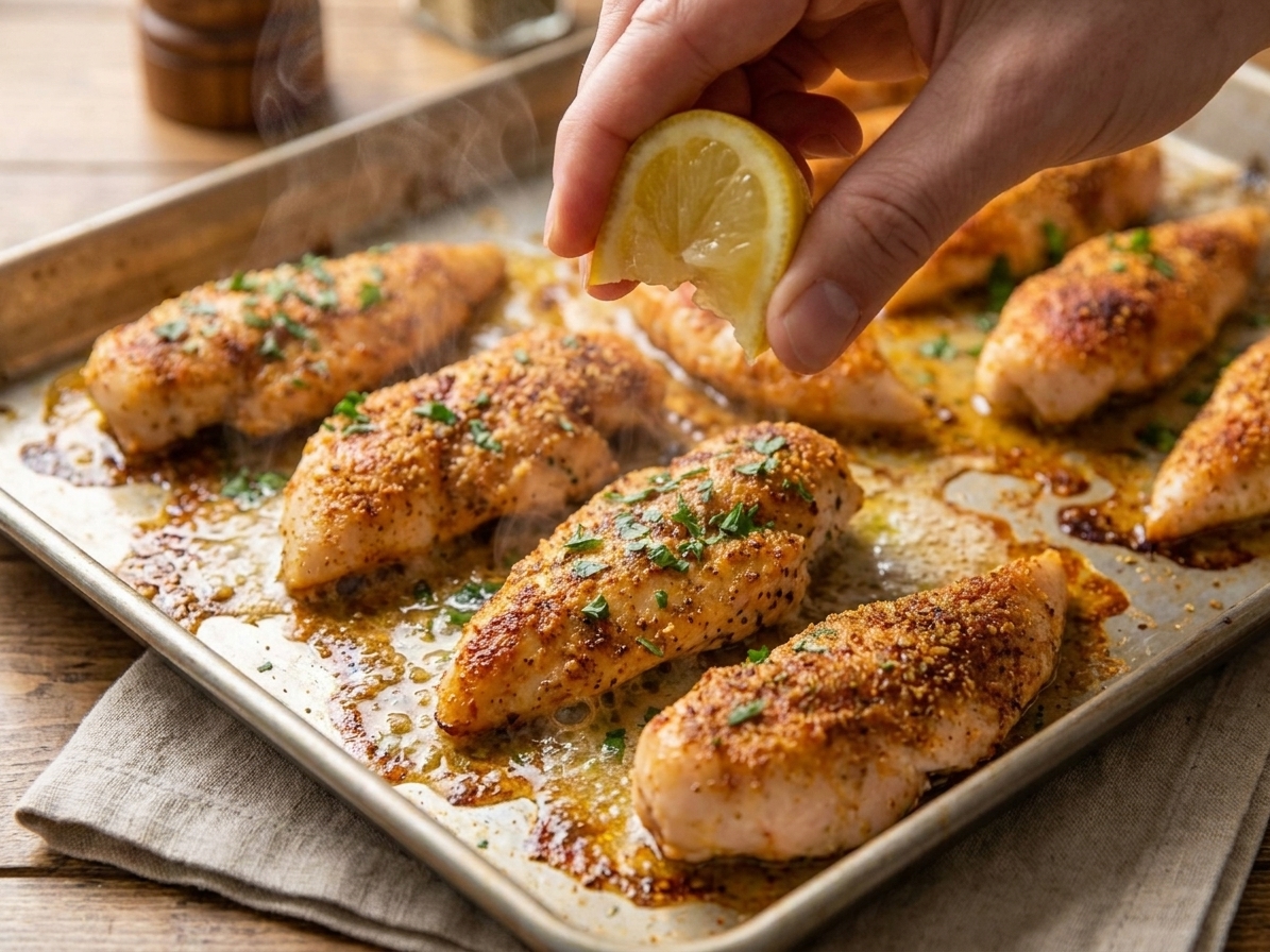 A lemon wedge being squeezed over hot baked chicken tenderloins on a sheet pan as butter melts into the pan juices