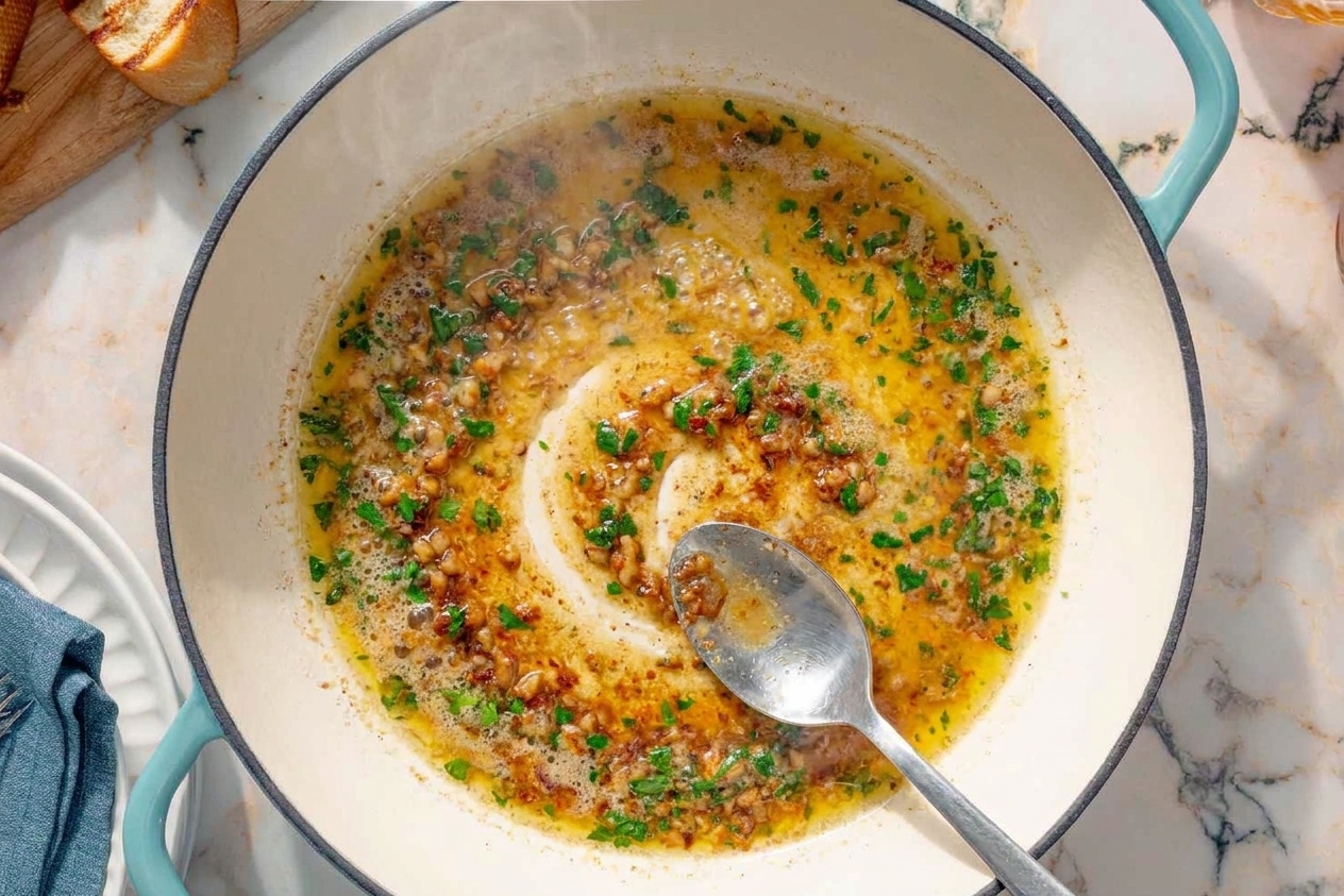 A lemony butter sauce bubbling in a skillet while a spoon scrapes up browned bits from the bottom