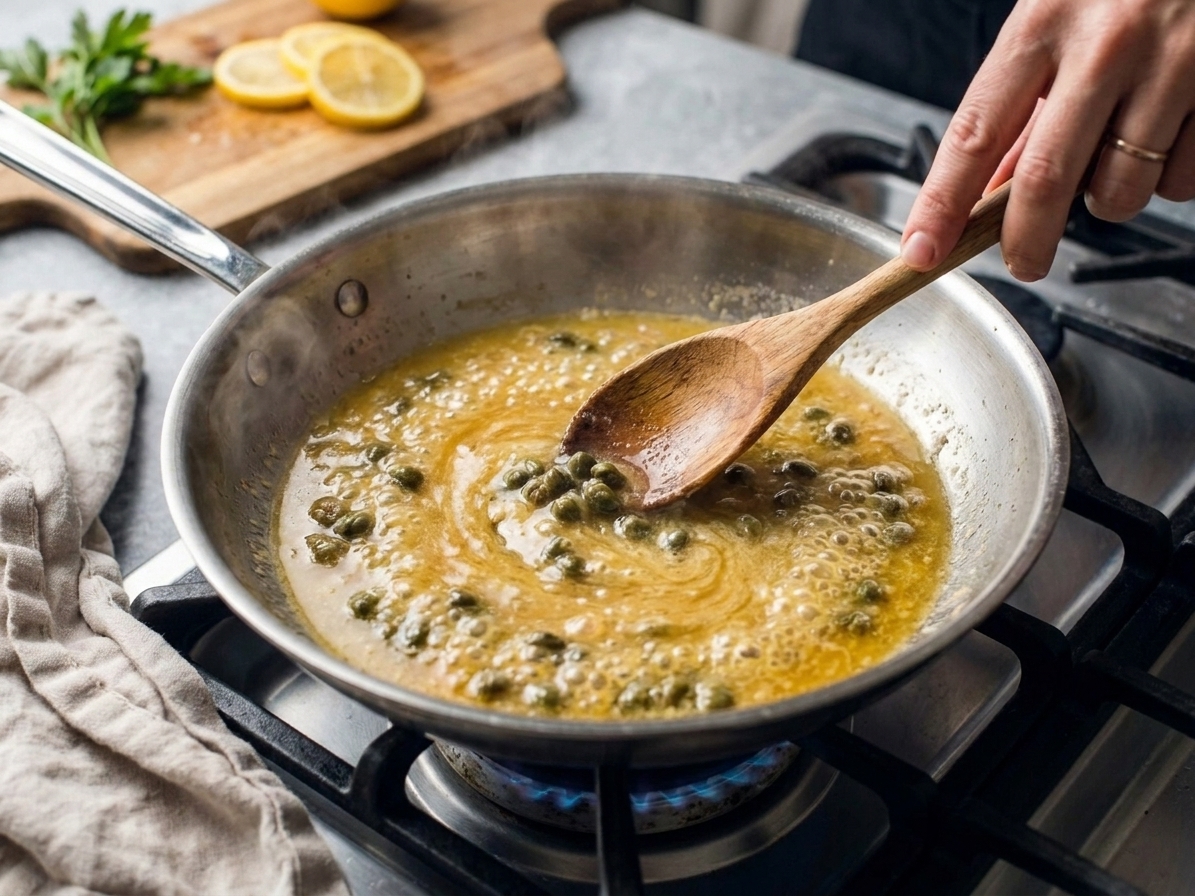 A lemony sauce simmering in a skillet with capers visible, being stirred with a wooden spoon on a stovetop