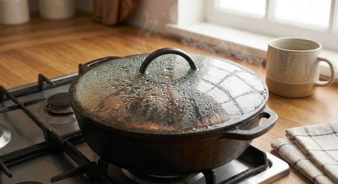 A lidded Dutch oven gently simmering on a stovetop with condensation on the lid