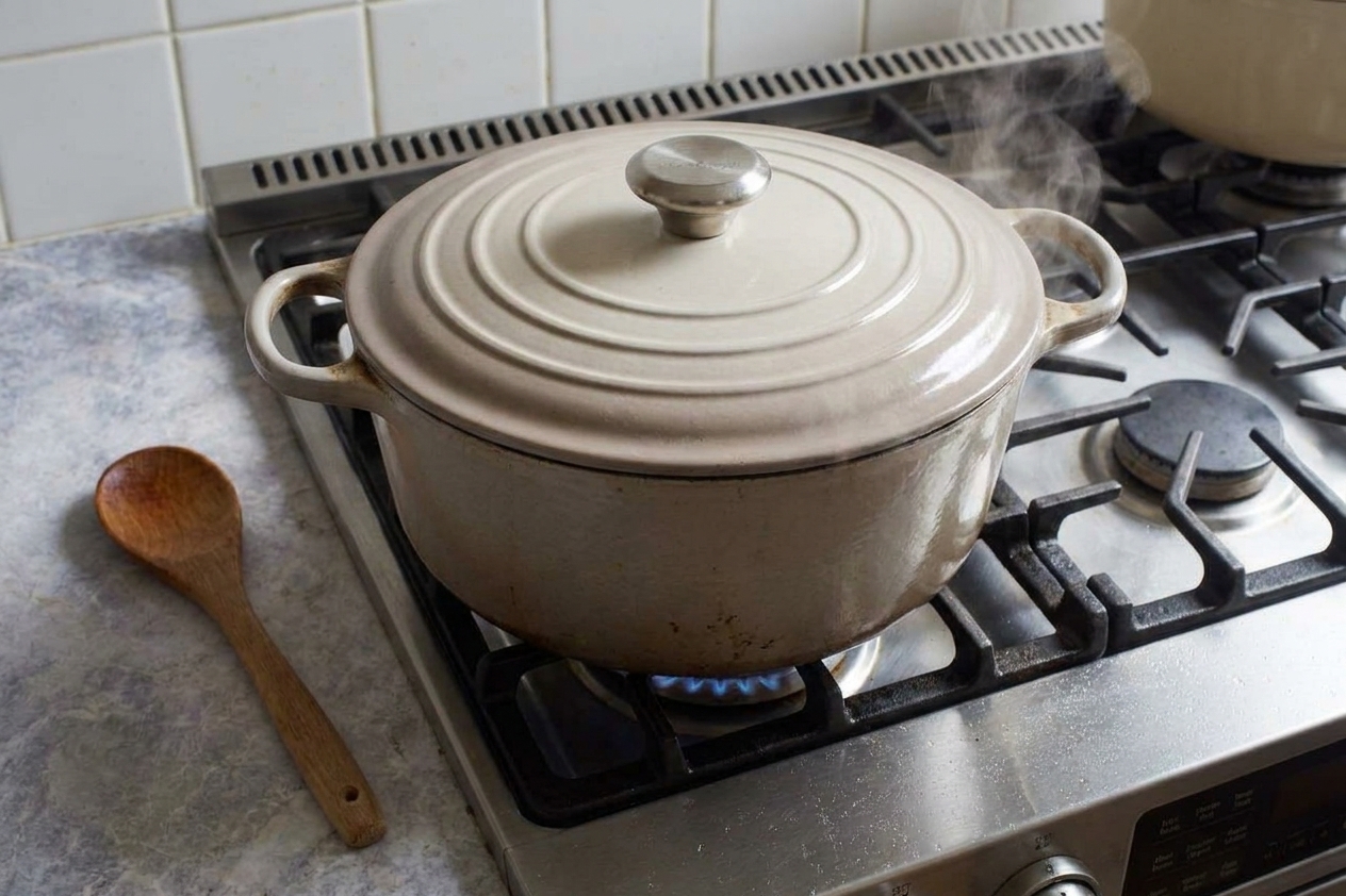 A lidded Dutch oven gently simmering on a stovetop with steam rising in a warm home kitchen