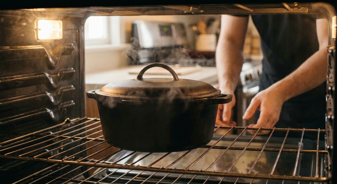 A lidded Dutch oven in an oven with pork shoulder braising inside, warm home kitchen scene