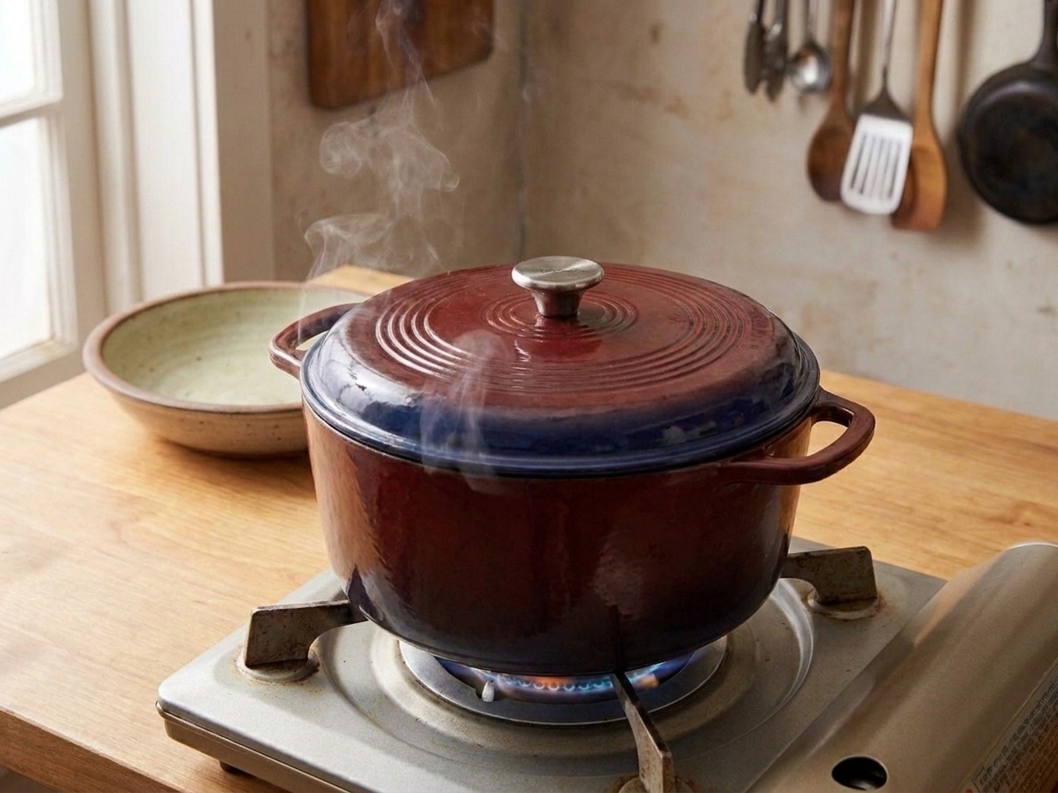 A lidded Dutch oven on a stovetop gently simmering, with a little steam escaping at the edge of the lid