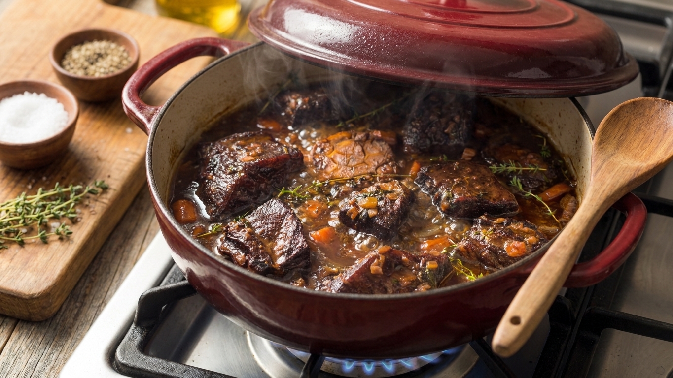 A lidded Dutch oven on a stovetop with braising liquid bubbling gently around short ribs before going into the oven