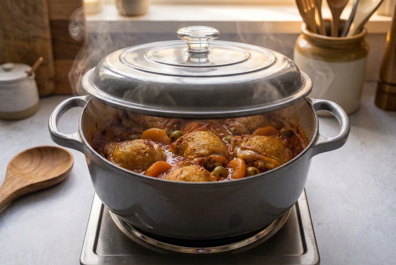 A lidded Dutch oven on a stovetop with chicken tagine simmering underneath, steam fogging the lid slightly in a cozy home kitchen