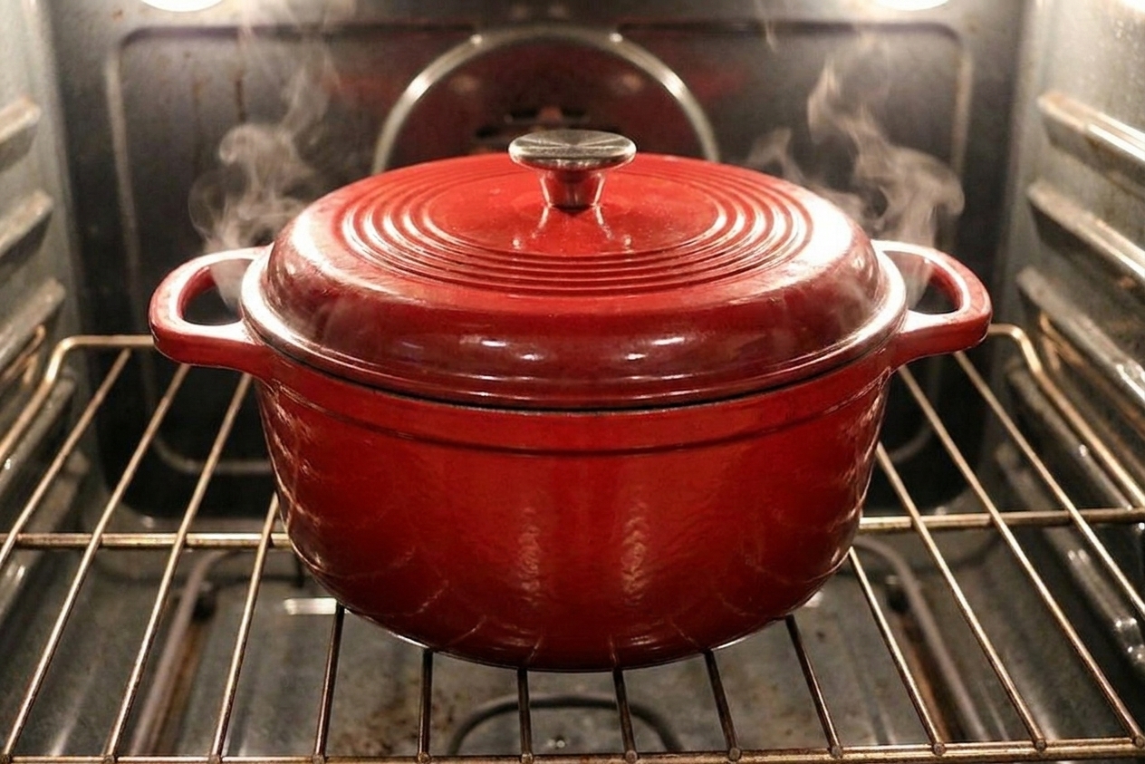 A lidded Dutch oven on an oven rack with warm light, mid-braise