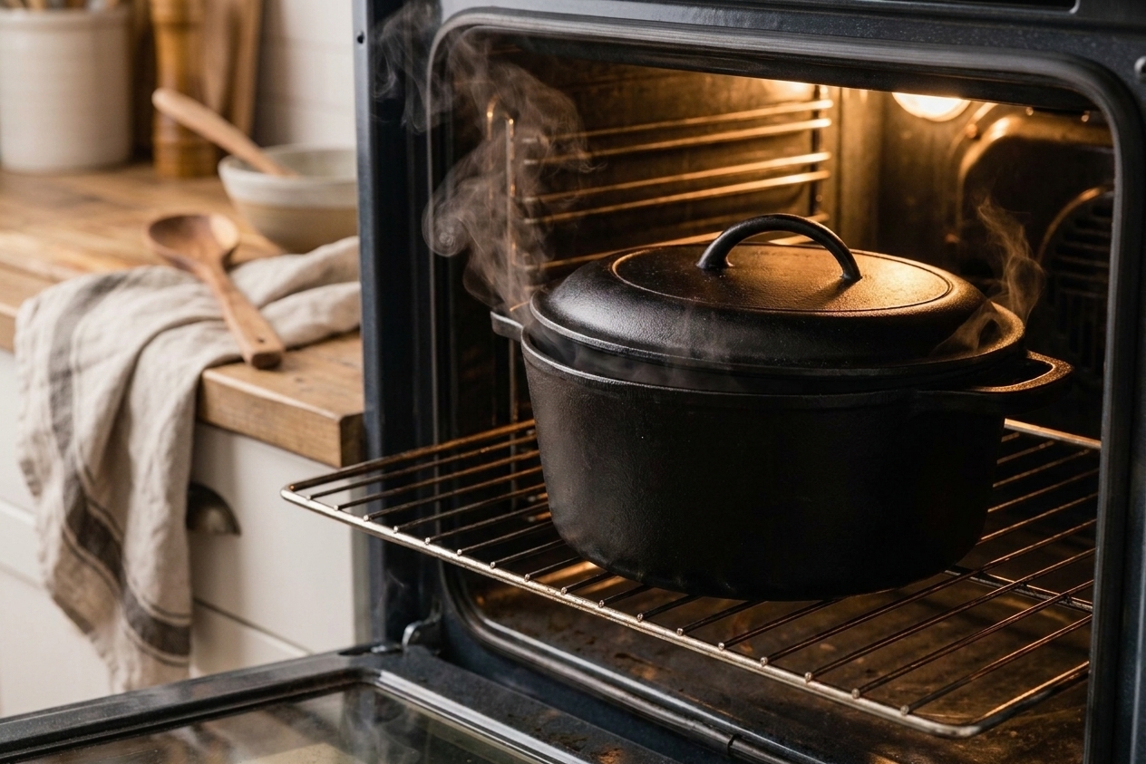 A lidded Dutch oven sitting on an oven rack with gentle steam visible as the door is open, cozy home kitchen setting