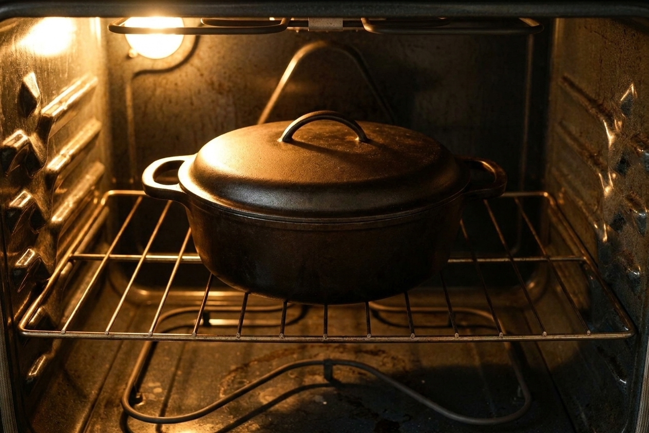 A lidded Dutch oven sitting on an oven rack with warm light, showing the moment before slow braising begins