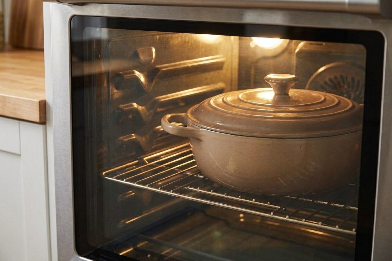 A lidded Dutch oven sitting on an oven rack with warm light, showing the moment before slow braising begins