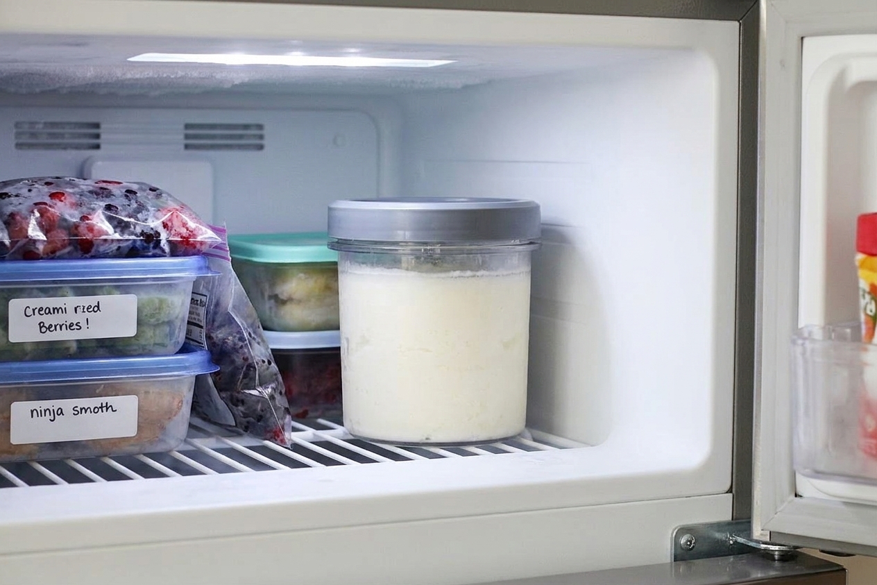 A lidded Ninja Creami pint container sitting level on a freezer shelf with other neatly stacked frozen items