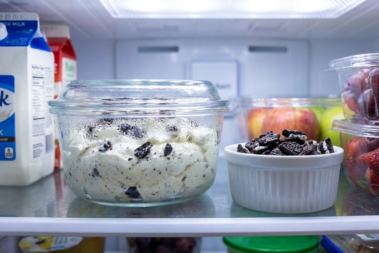 A lidded container filled with Oreo fluff stored in a refrigerator, with a small bowl of extra crushed Oreos beside it