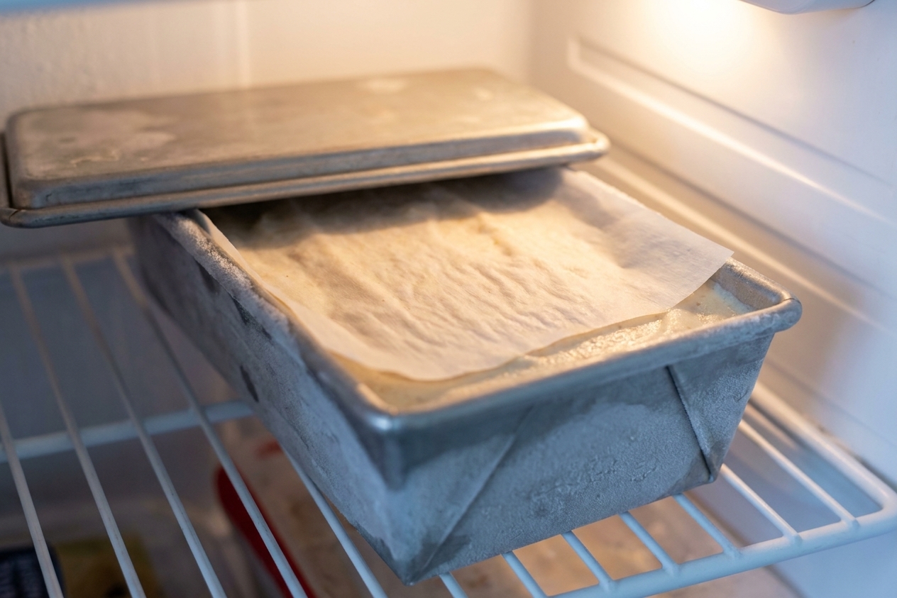 A lidded container of homemade ice cream sitting on a freezer shelf with parchment pressed on the surface