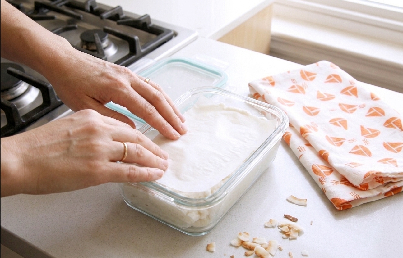 A lidded freezer-safe container of homemade coconut ice cream with parchment paper pressed against the surface, sitting on a kitchen counter before going into the freezer