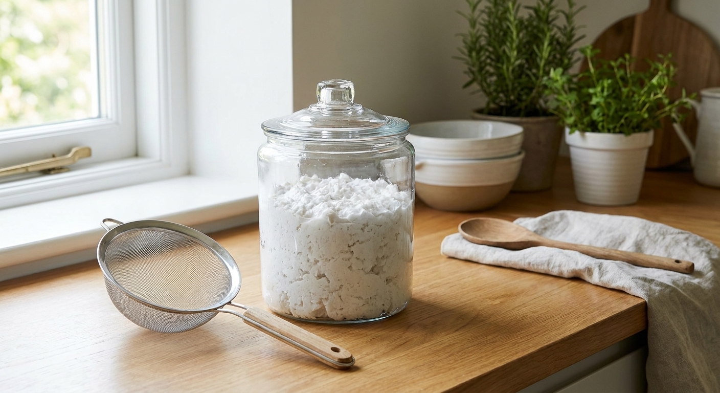 A lidded glass container filled with damp paper pulp on a kitchen counter beside a fine mesh strainer