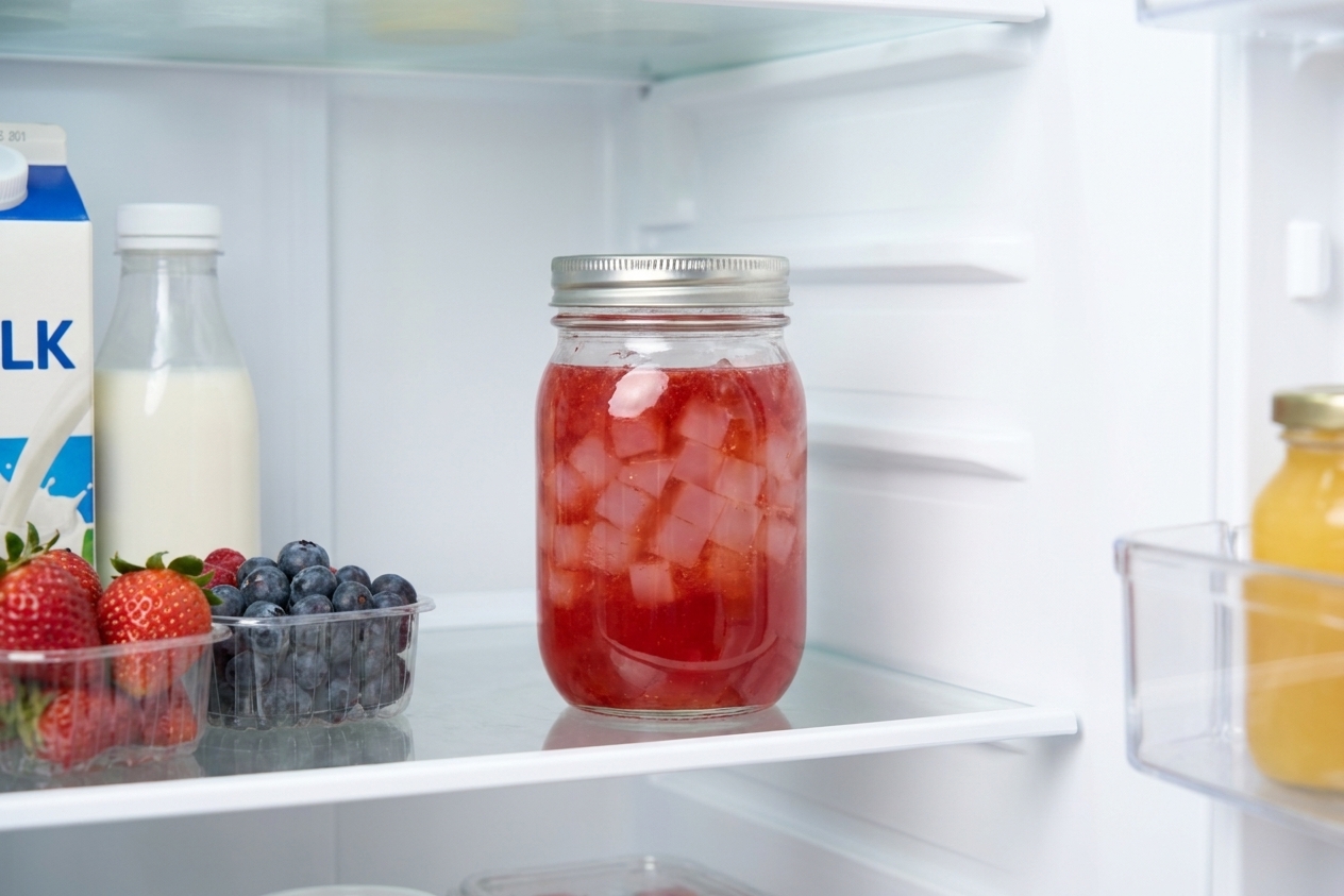 A lidded glass container filled with fruit syrup and konjac jelly cubes resting on a refrigerator shelf
