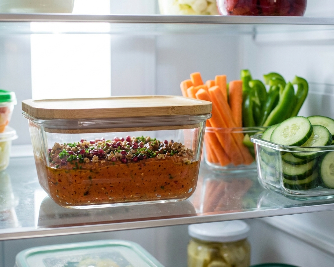 A lidded glass container filled with roasted red pepper dip sitting on a refrigerator shelf next to fresh cut vegetables