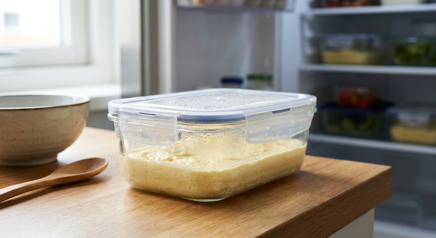 A lidded glass container holding leftover steamed egg custard in the refrigerator, viewed on a kitchen counter