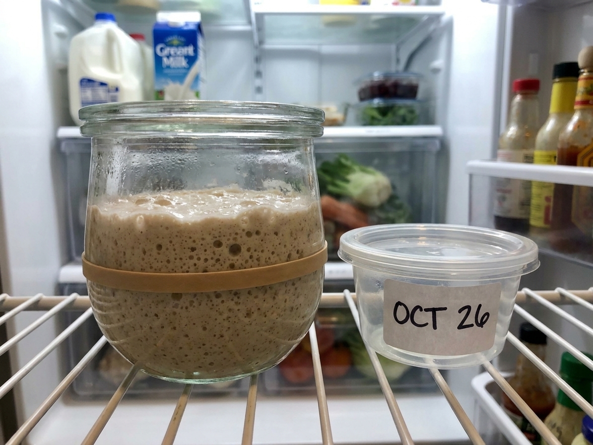 A lidded glass jar of sourdough starter sitting on a refrigerator shelf next to a small container labeled with the date