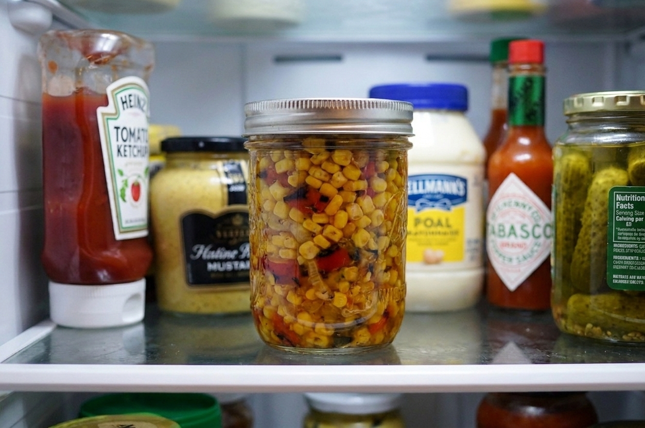 A lidded glass jar of sweet corn relish on a refrigerator shelf next to other condiments