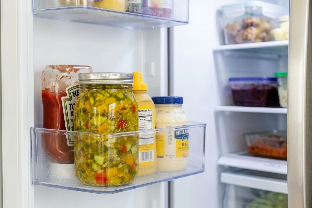 A lidded glass jar of sweet pickle relish sitting on a refrigerator shelf next to other condiments