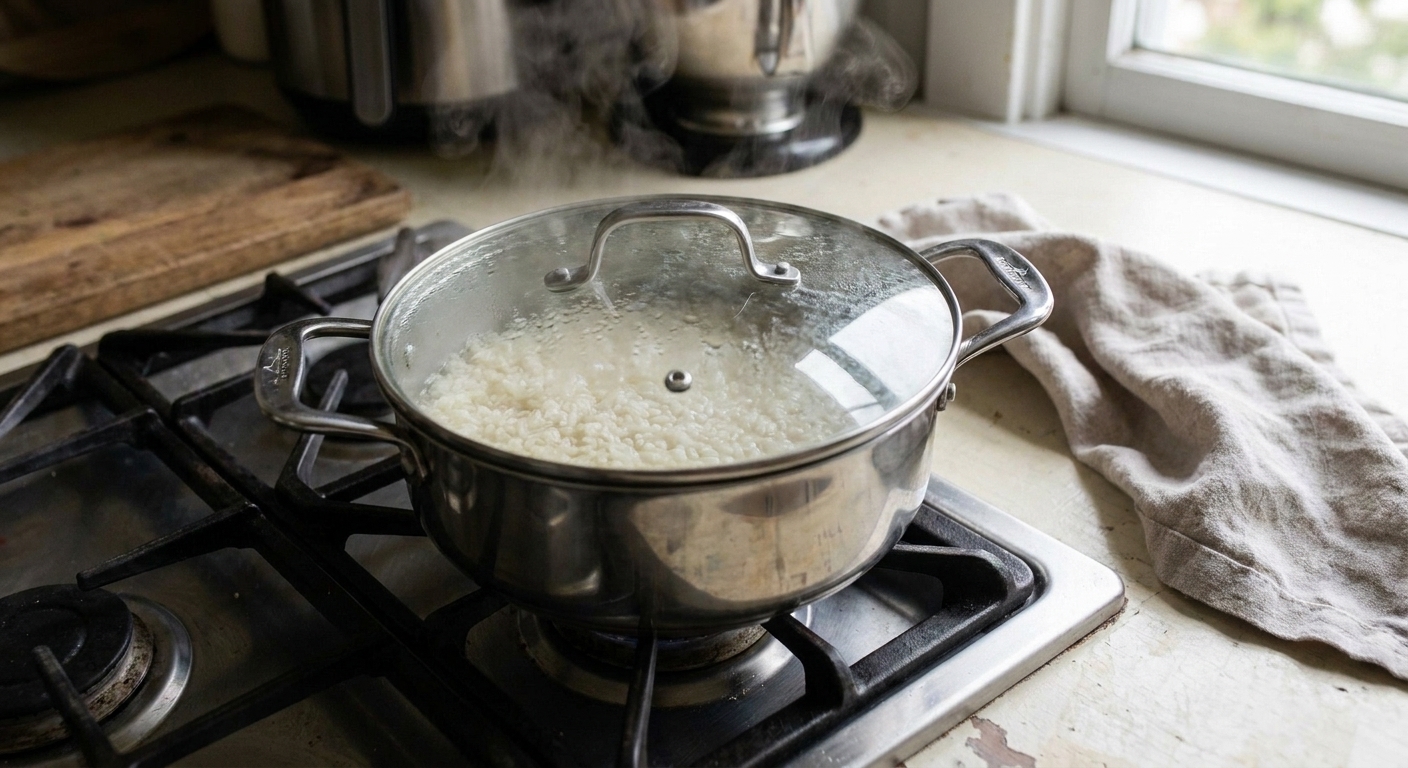 A lidded pot of rice gently simmering on a stovetop with steam fogging the lid