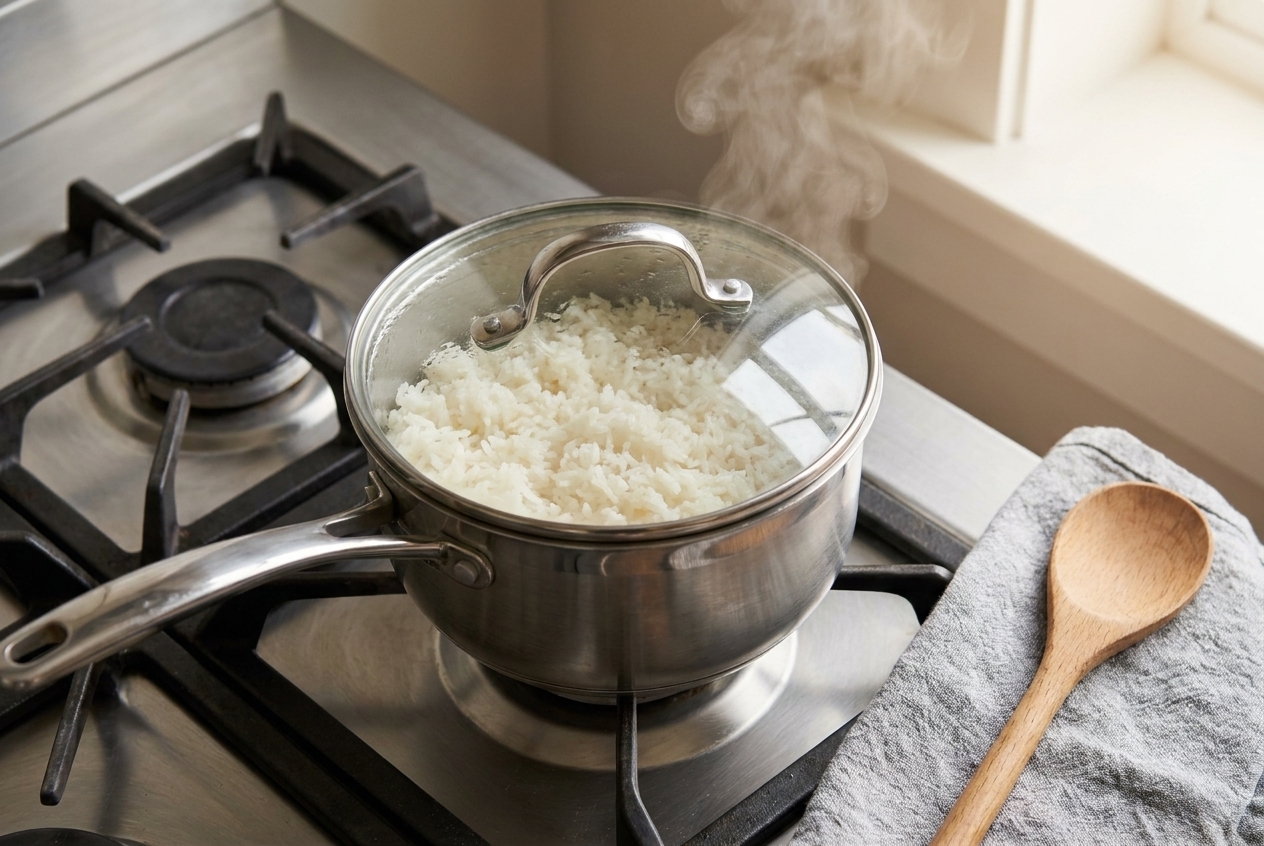 A lidded saucepan of freshly cooked rice steaming on a stovetop with soft kitchen lighting