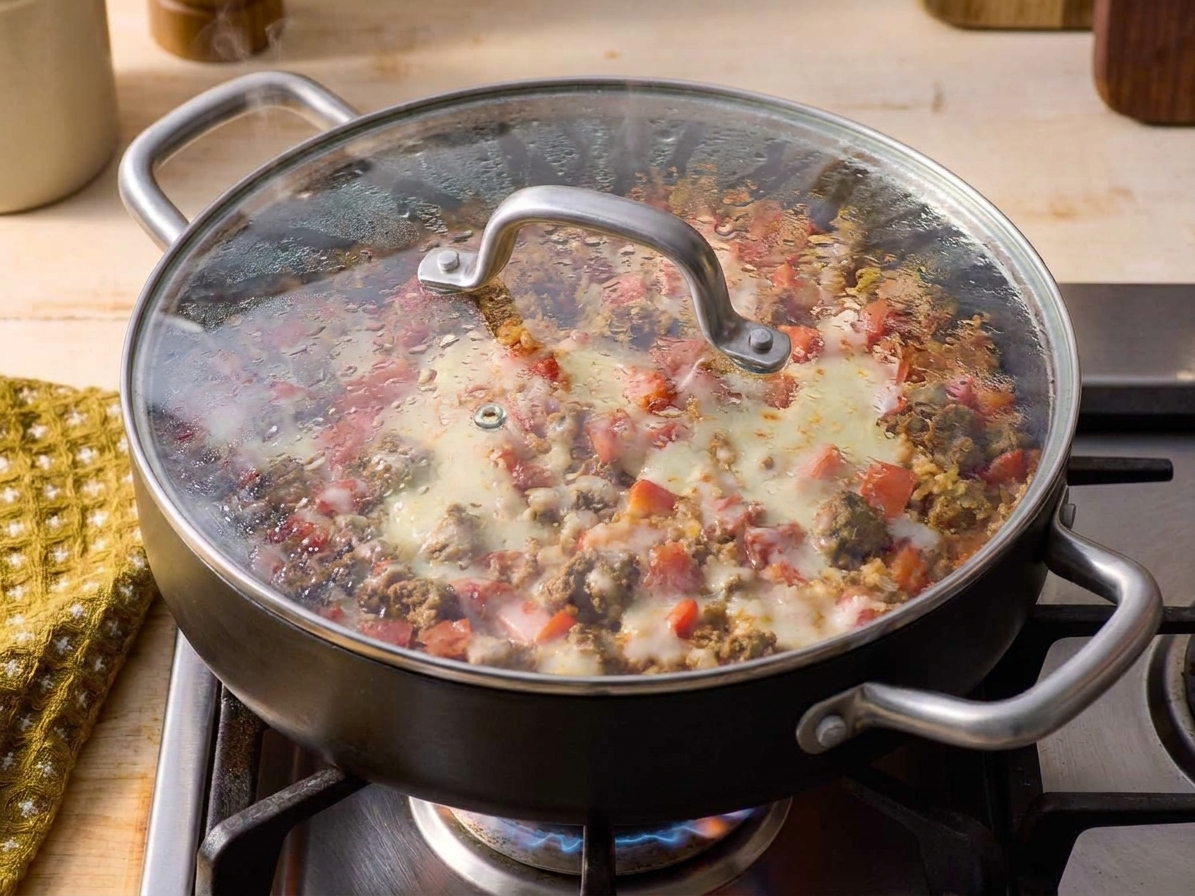A lidded skillet gently simmering on a stovetop with condensation visible on the lid