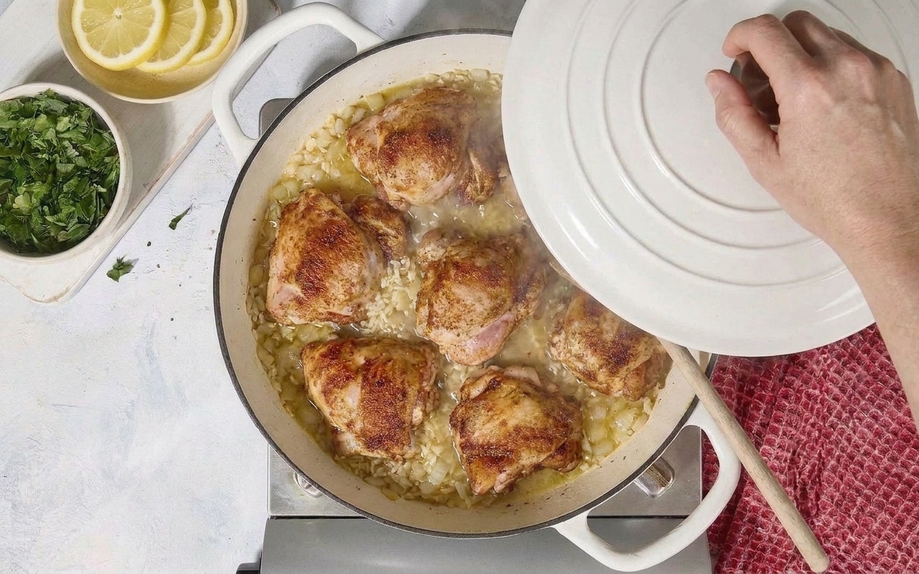 A lidded skillet on a stovetop with chicken and rice cooking over low heat