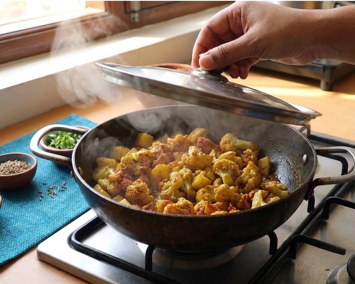 A lidded skillet on a stovetop with potatoes and spices steaming inside, shown with a hand lifting the lid