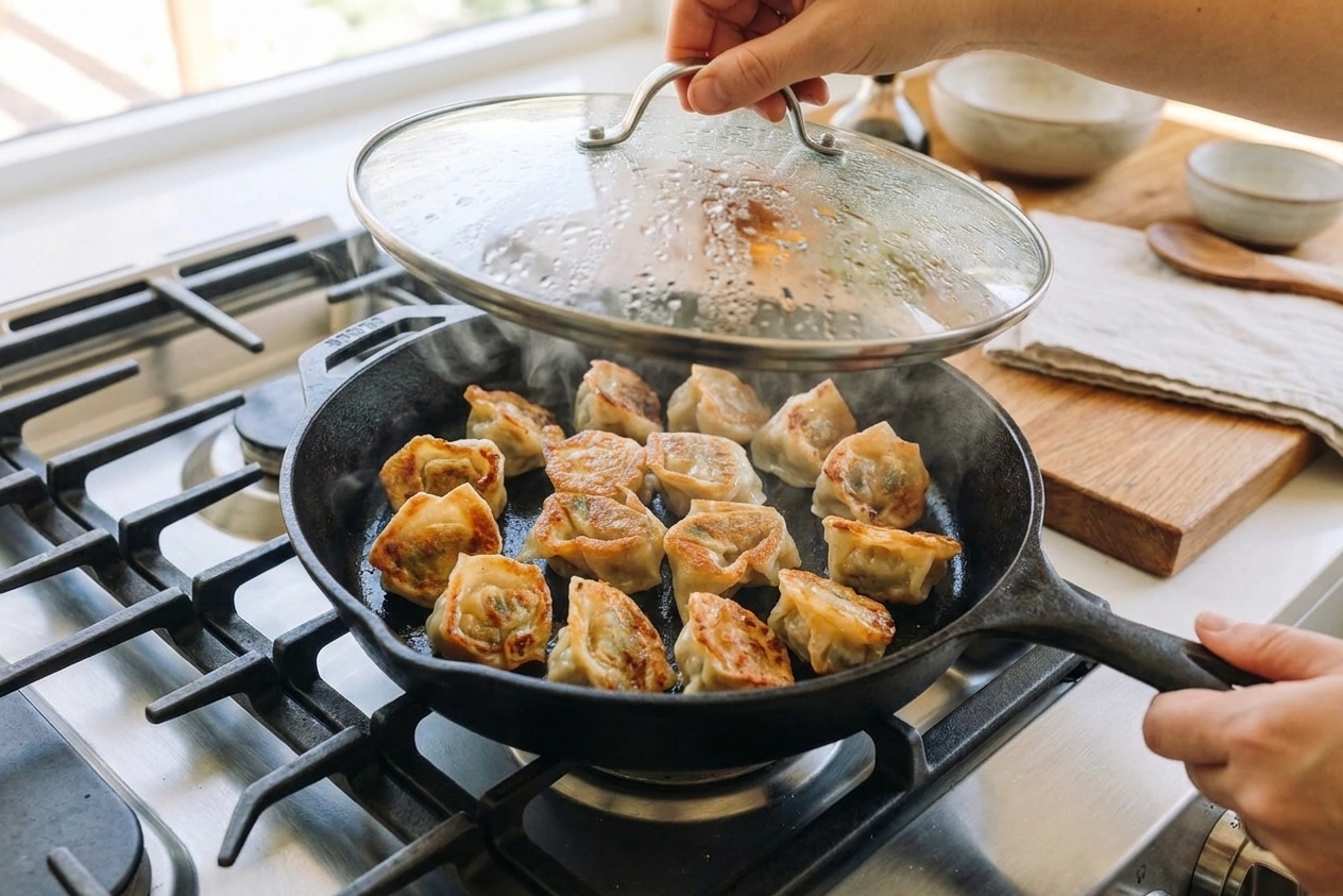 A lidded skillet on the stove steaming wontons, with visible condensation on the glass lid and wontons arranged in a single layer inside