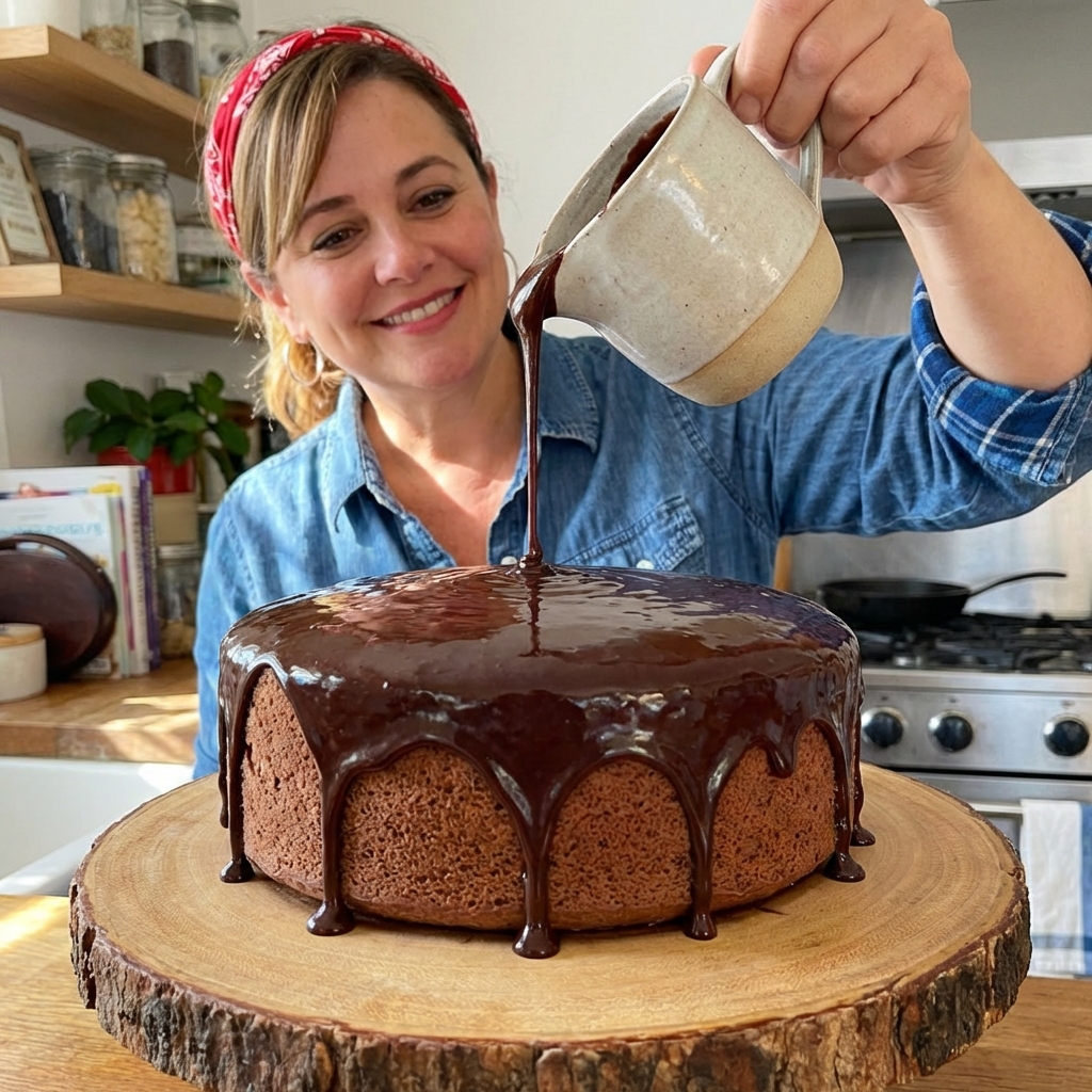 A light chocolate cake as glossy cocoa glaze is being drizzled over the top