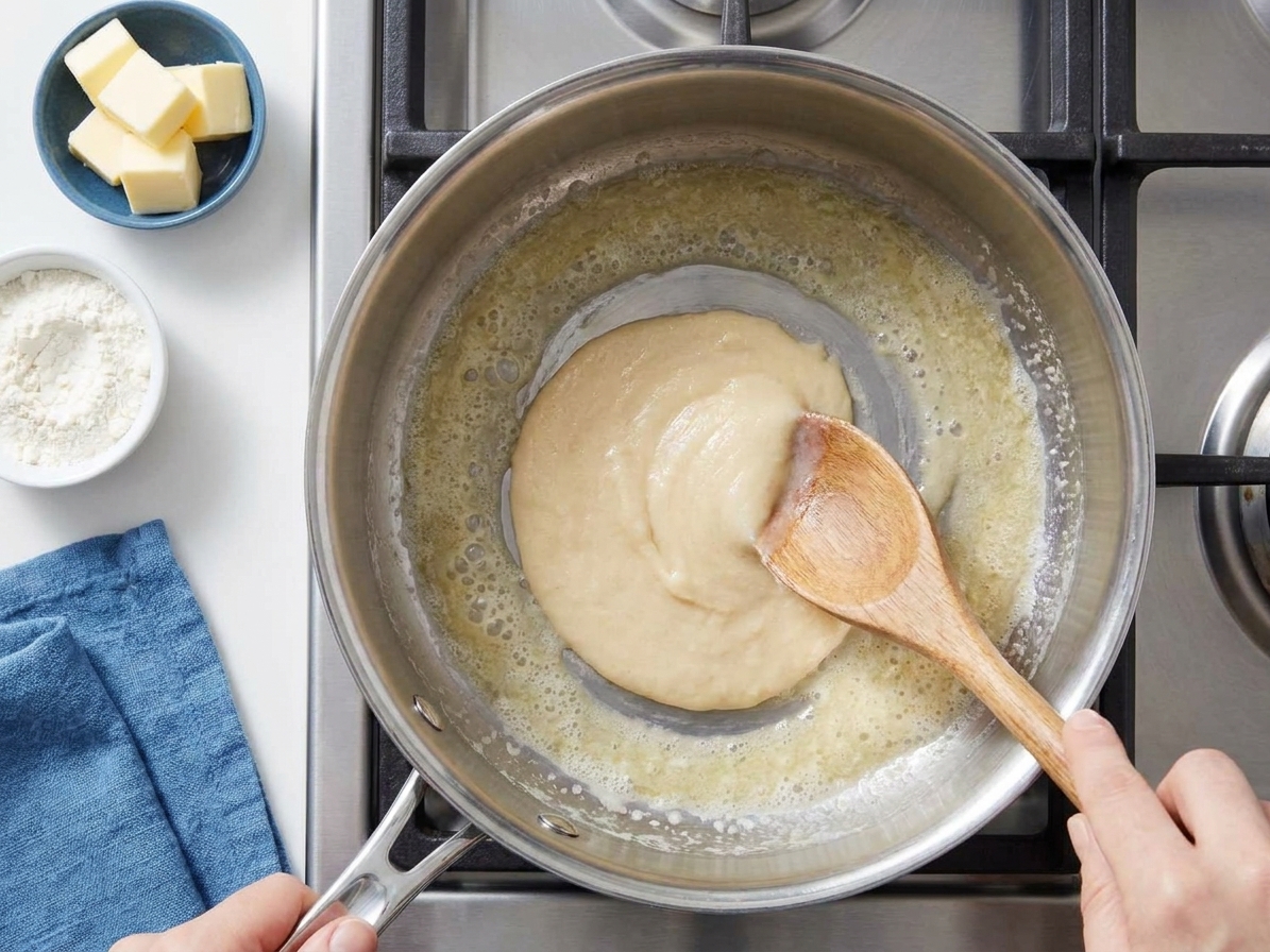 A light roux being stirred in a saucepan with a wooden spoon, butter and flour combined into a smooth paste