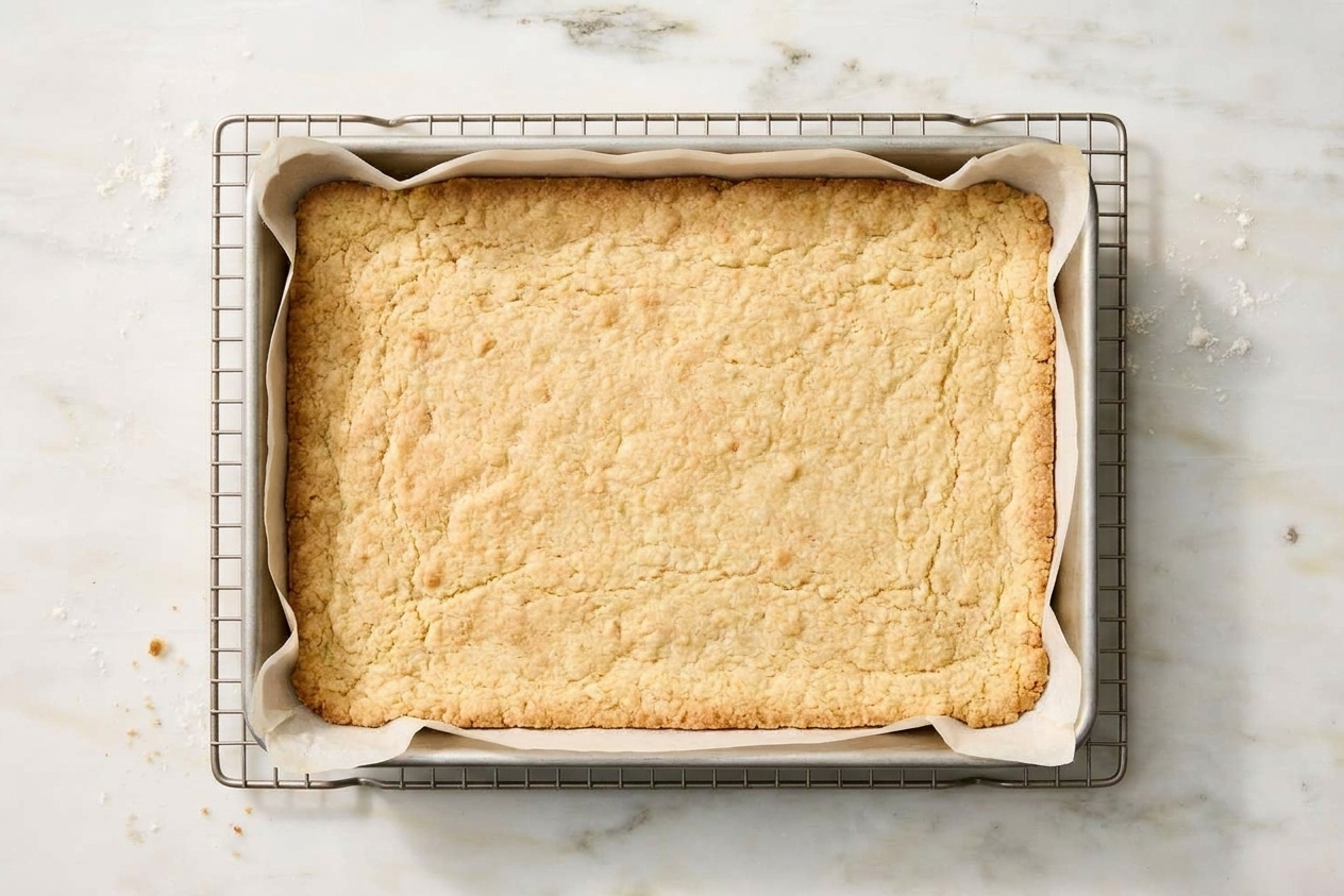 A lightly golden shortbread crust baked in a parchment lined 9x13 pan resting on a wire rack