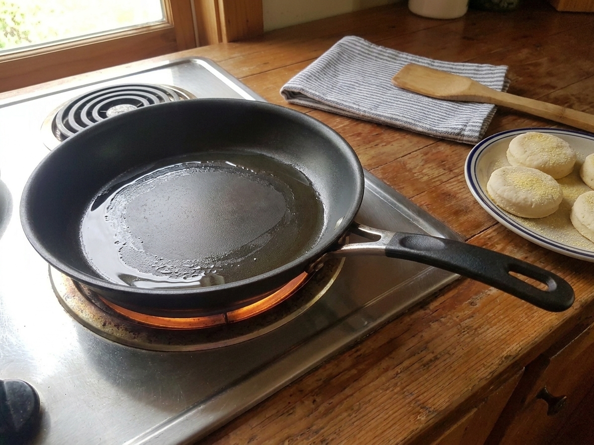 A lightly oiled nonstick skillet warming on a stovetop burner before cooking griddled muffins