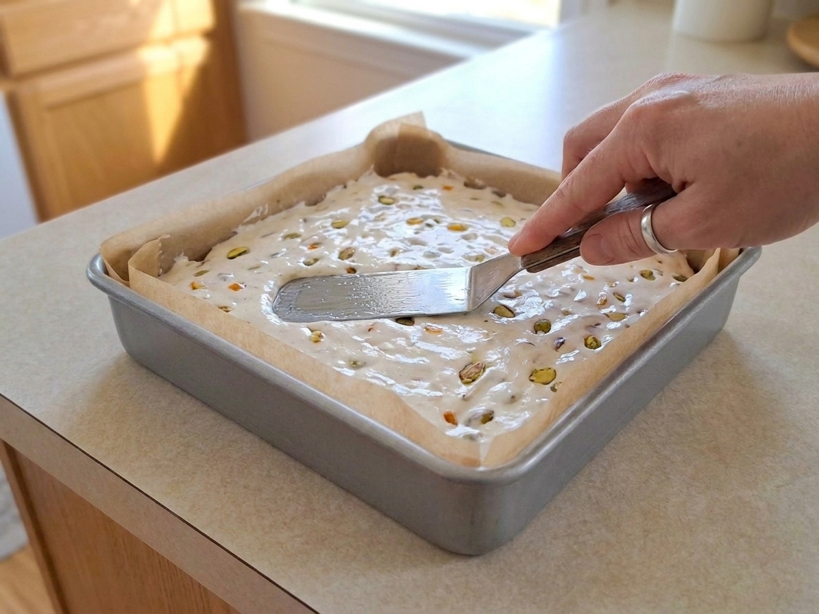A lightly oiled spatula pressing sticky nougat evenly into a lined square pan