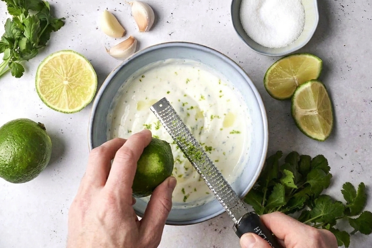 A lime being zested with a microplane over a mixing bowl on a bright kitchen counter