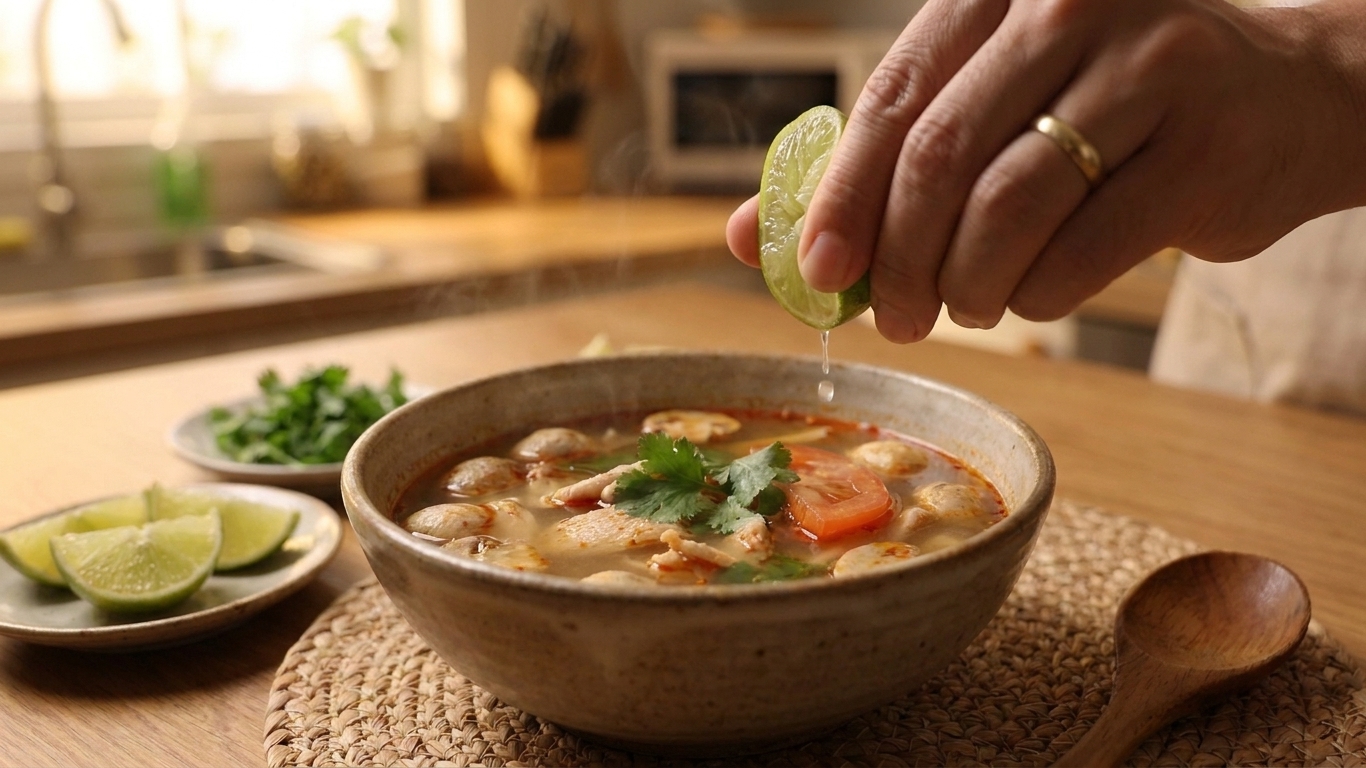 A lime wedge being squeezed over a bowl of tomyam on a kitchen counter