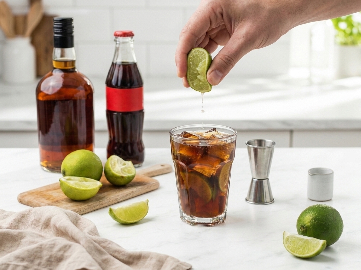 A lime wedge being squeezed over a highball glass filled with ice on a kitchen counter