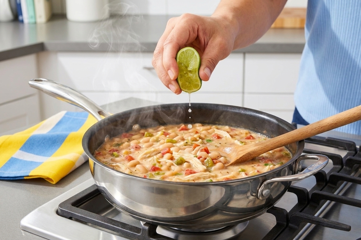 A lime wedge being squeezed over a pot of white bean and chicken chili on a stovetop, with steam rising.