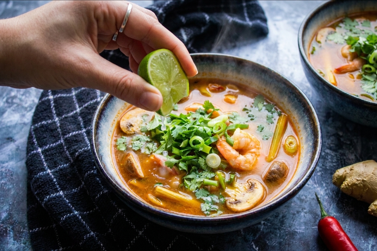 A lime wedge being squeezed over a steaming bowl of tom yum soup