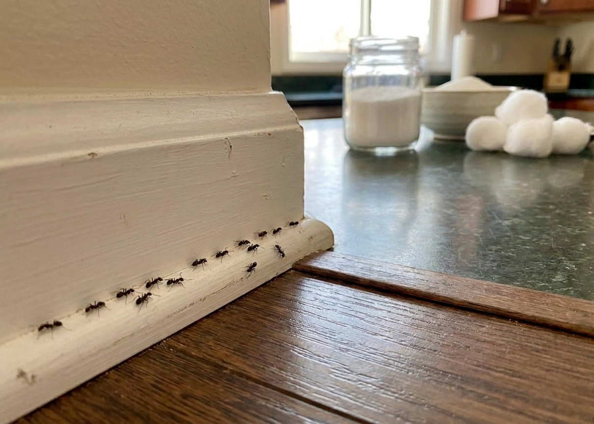 A line of small black ants walking along a white kitchen baseboard near a corner.