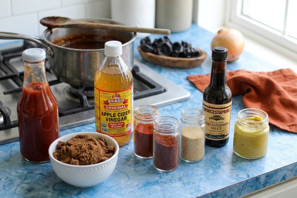 A lineup of BBQ sauce ingredients on a kitchen counter, including ketchup, brown sugar, apple cider vinegar, spices, Worcestershire, and mustard