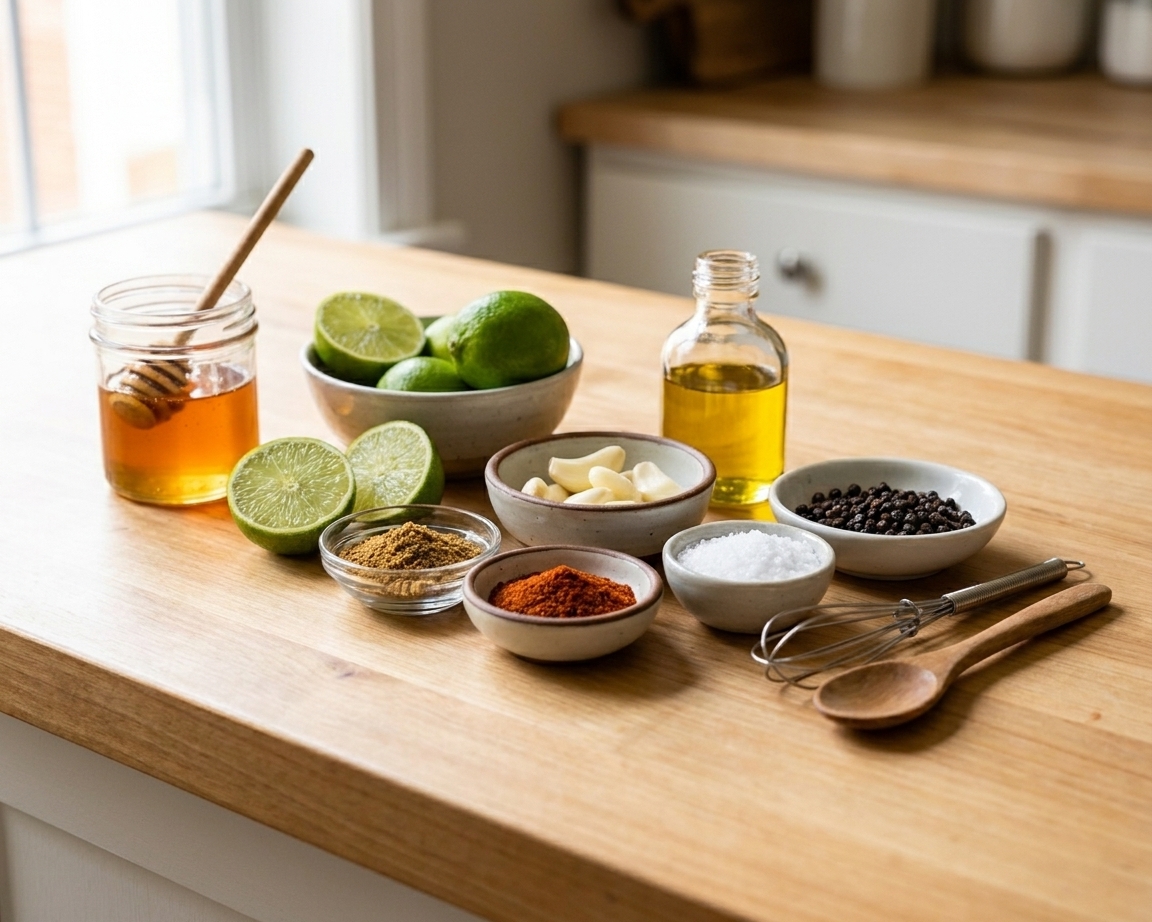 A lineup of honey lime marinade ingredients on a light kitchen counter including honey, limes, garlic, olive oil, cumin, chili powder, salt, and pepper in small bowls
